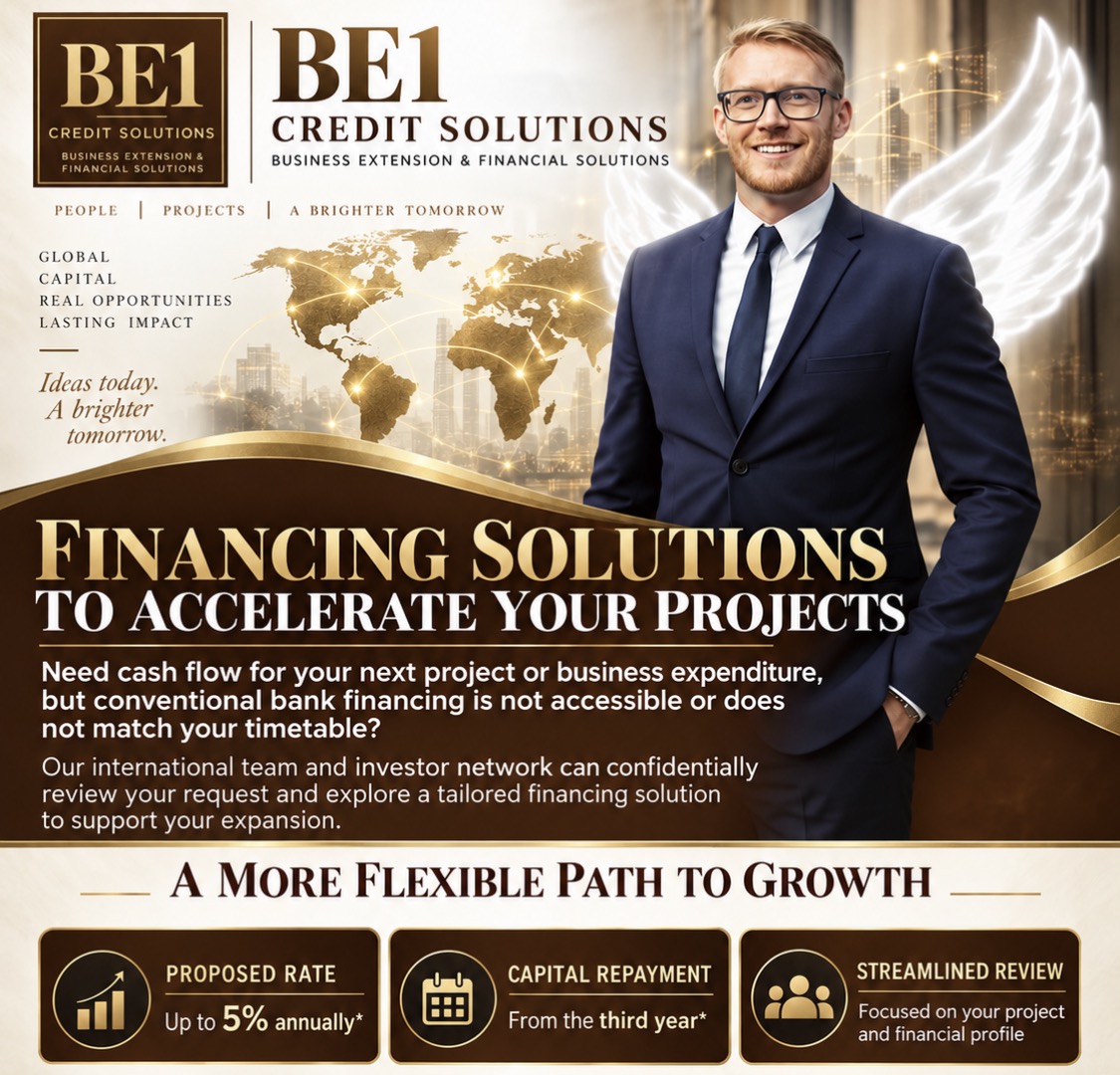 BE1 Credit Solutions — financing solutions to accelerate your projects: proposed rate up to 5% annually, capital repayment from the third year, streamlined review